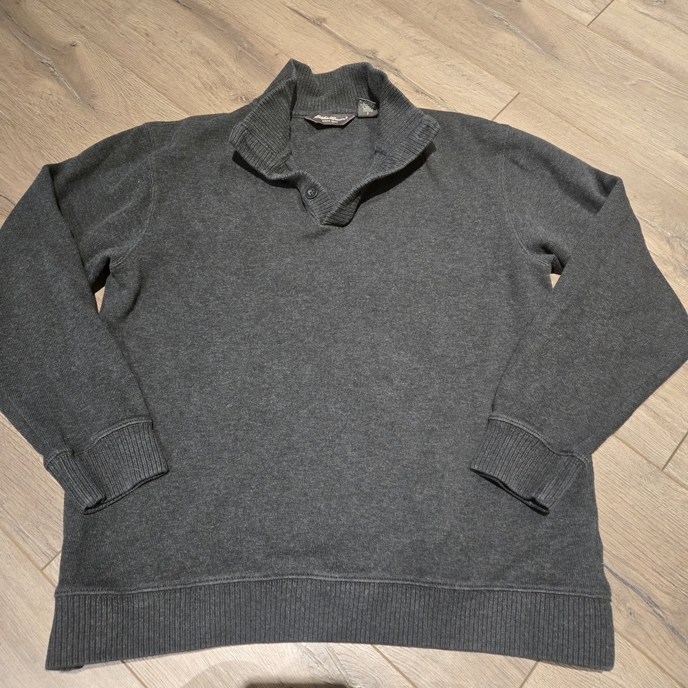 Eddie Bauer Mens Medium Charcoal  1/4 Button Cotton Pullover